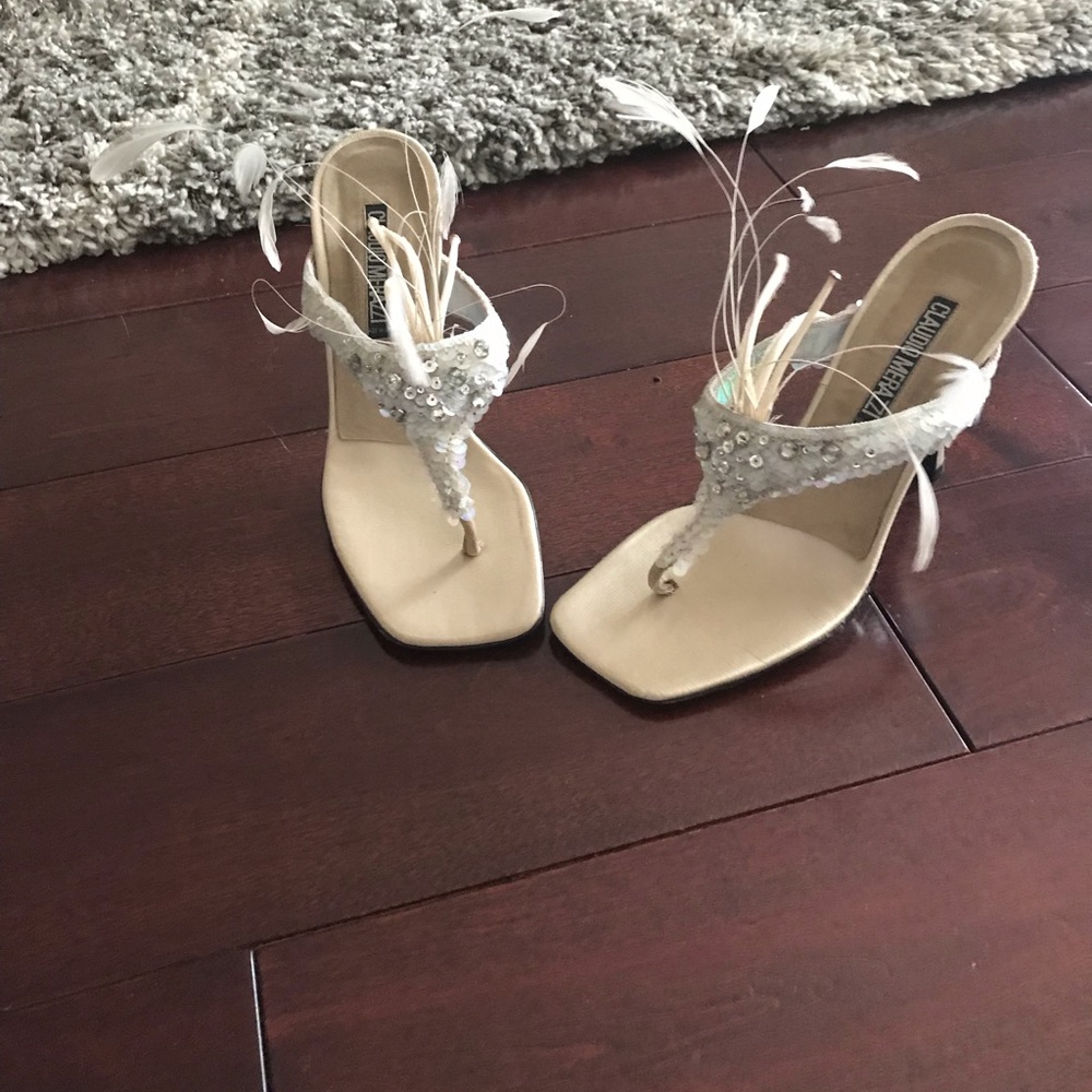 Cream Beige Thong  high heel mules never worn.